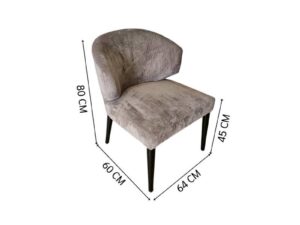 Dining chair with gray velvet upholstery and wooden legs.