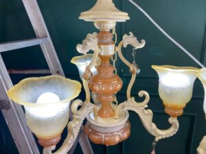 Chandelier, glass pendant lamp, cream and orange color.