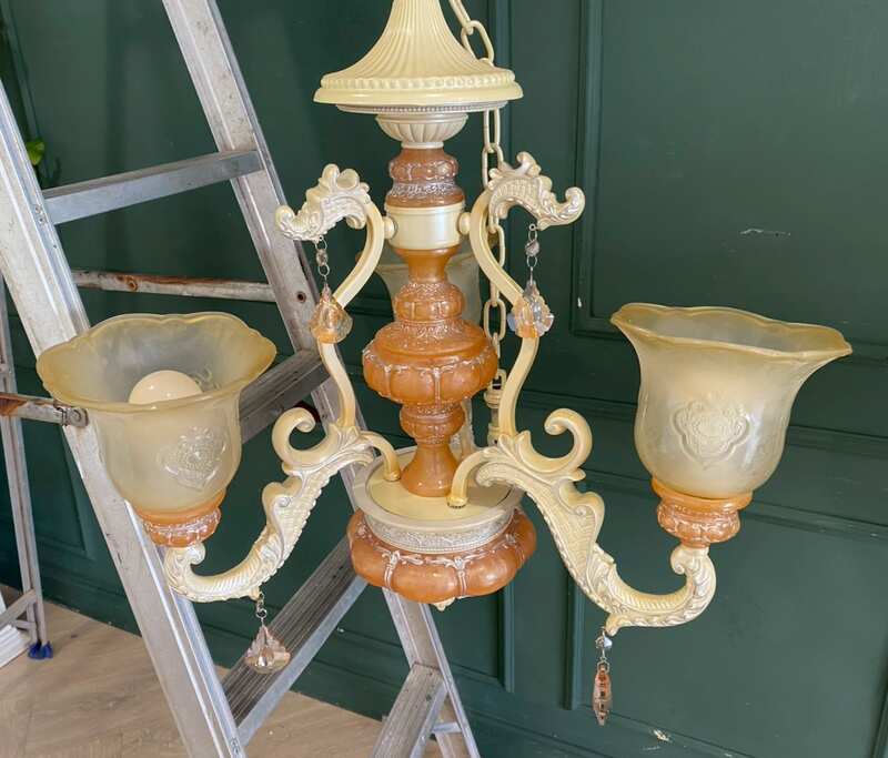 Chandelier, glass pendant lamp, cream and orange color.