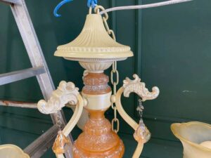 Chandelier, glass pendant lamp, cream and orange color.