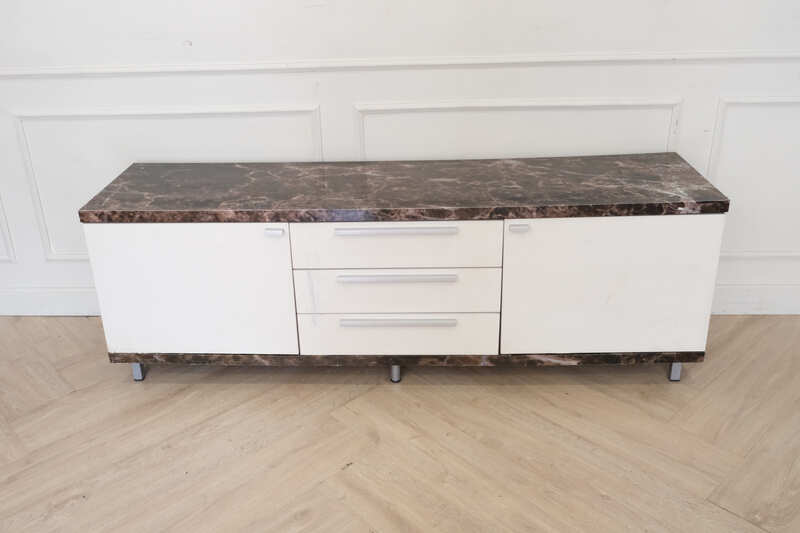 TV stand, marble-patterned wood top, white wood frame, and drawer cabinet._52CG0FB0UT