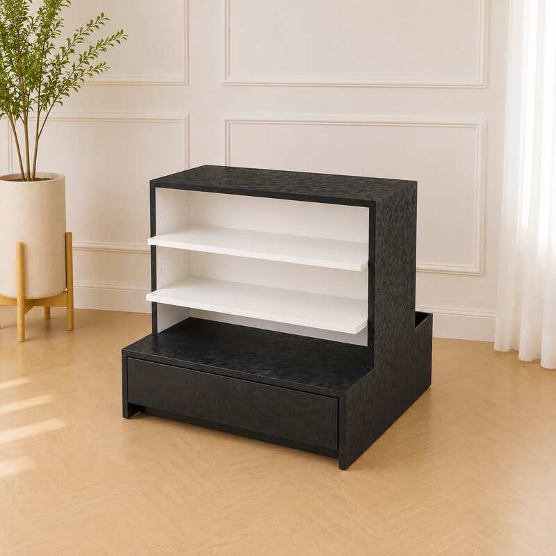 Wooden product shelf, 2 sides, 3 shelves on each side, 1 drawer, black wood frame with triangular pattern._52XAM9MFQT
