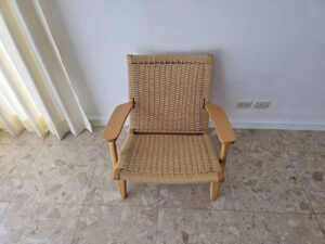 Minimalist Lounge Chair / Armchair with Woven Kraft Paper Cord Backrest (2)