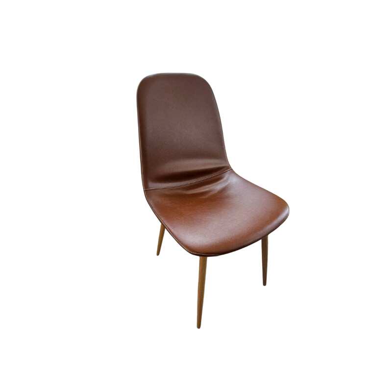 Brown leather-upholstered dining chair with wooden legs (2)