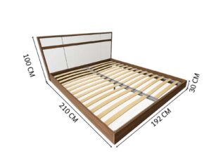 6-foot wooden bed frame with polished iron legs in a brown wood grain pattern, and a 6-foot white pocket spring mattress, Synda brand.
