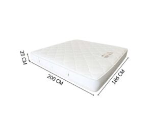 6-foot wooden bed frame with polished iron legs in a brown wood grain pattern, and a 6-foot white pocket spring mattress, Synda brand.
