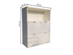 Moflex brand white 2-drawer filing cabinet with 1 storage compartment.