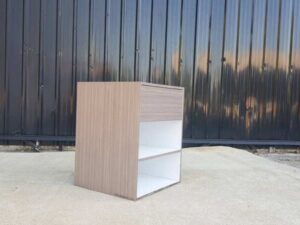 Wooden document rack, wooden shelf with 2 compartments and 1 drawer, gray color.