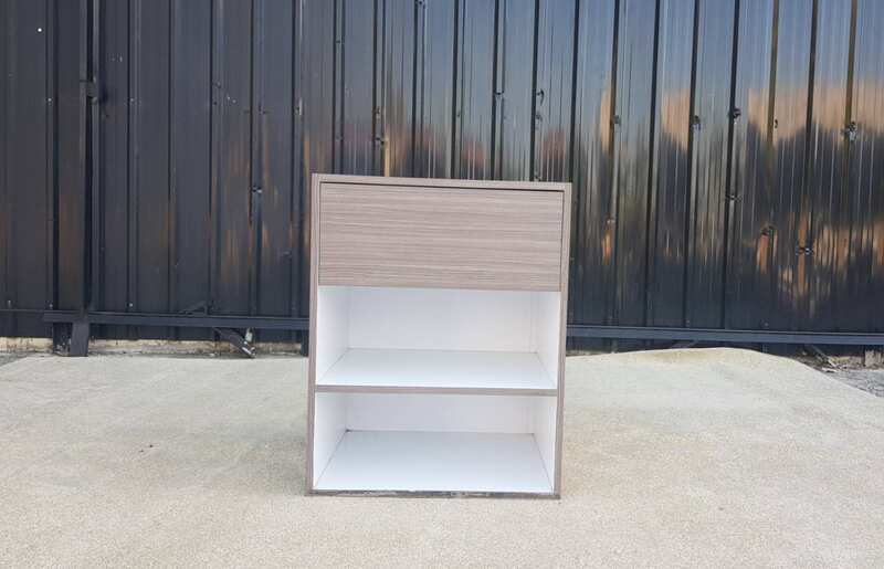 Wooden document rack, wooden shelf with 2 compartments and 1 drawer, gray color.