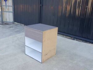 Wooden document rack, wooden shelf with 2 compartments and 1 drawer, gray color.