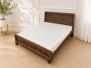 Brown solid wood bed (5-foot size) and white 5-foot mattress (IKEA Morgedal model)