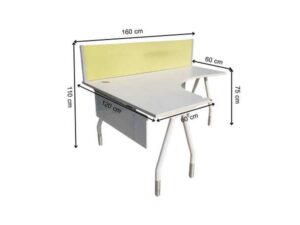 L-shaped corner desk with white steel legs and light yellow partition. 160 cm wide.
