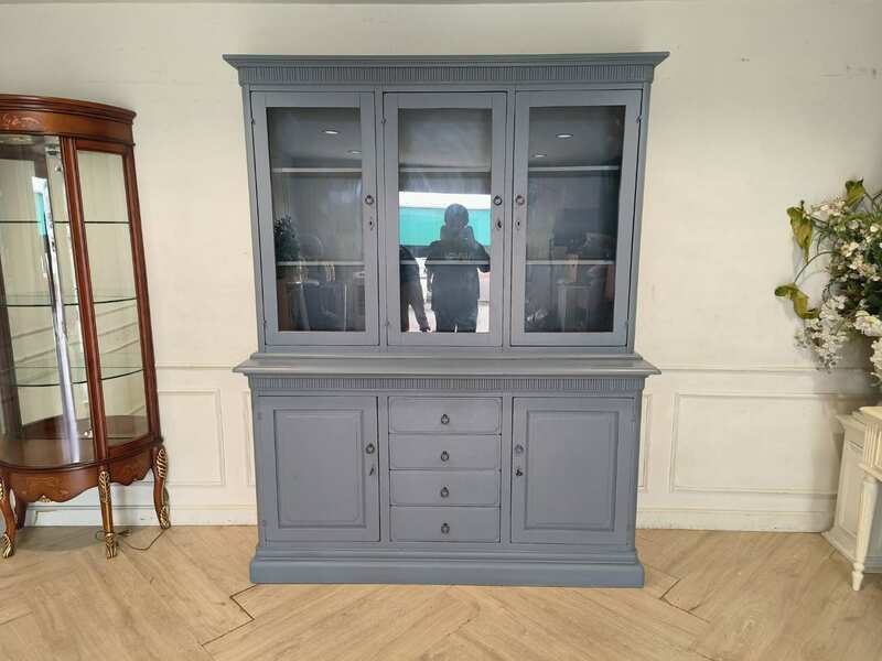 Classic Blue-Gray Wooden Display Cabinet with Drawers and Storage Doors