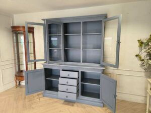 Classic Blue-Gray Wooden Display Cabinet with Drawers and Storage Doors