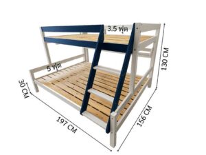 White and blue wooden bunk bed for children with shelves.