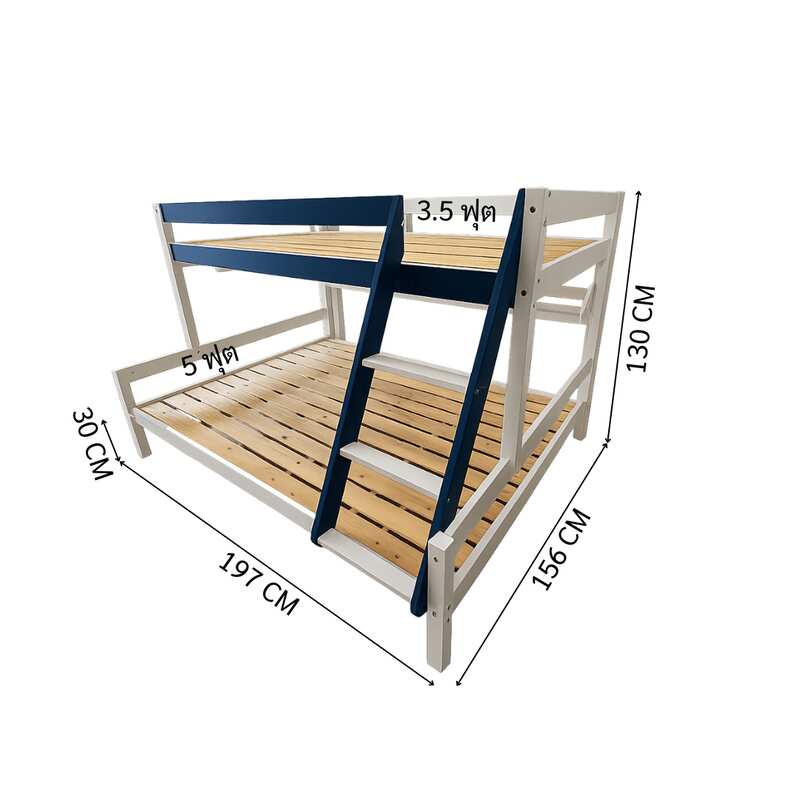 White and blue wooden bunk bed for children with shelves.