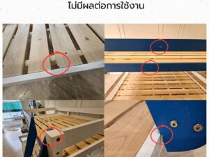 White and blue wooden bunk bed for children with shelves.