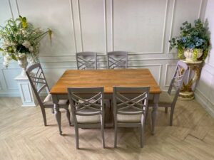 6-seat dining table set, wooden top, chairs, fabric cushions, cream color, Jelly Beans brand