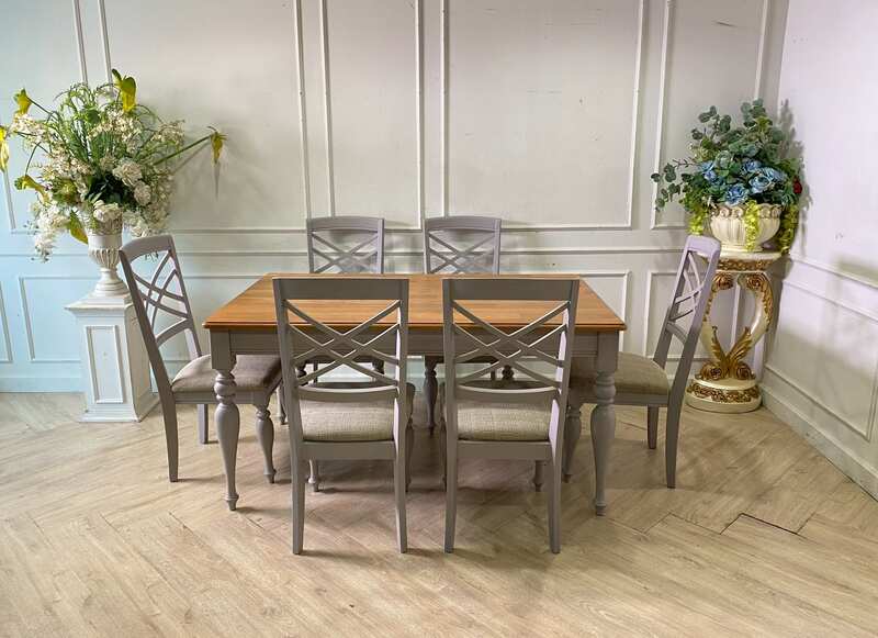 6-seat dining table set, wooden top, chairs, fabric cushions, cream color, Jelly Beans brand