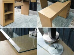 L-Shape corner work desk, glass top, foldable table. Has drawers and storage compartments._6IWKOCL622