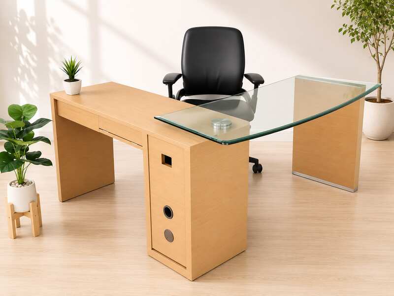 L-Shape corner work desk, glass top, foldable table. Has drawers and storage compartments._6IWKOCL622