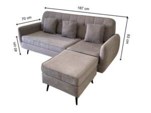 3-seater sofa set with button-tufted backrest + ottoman, fabric upholstery, steel legs, grey color.