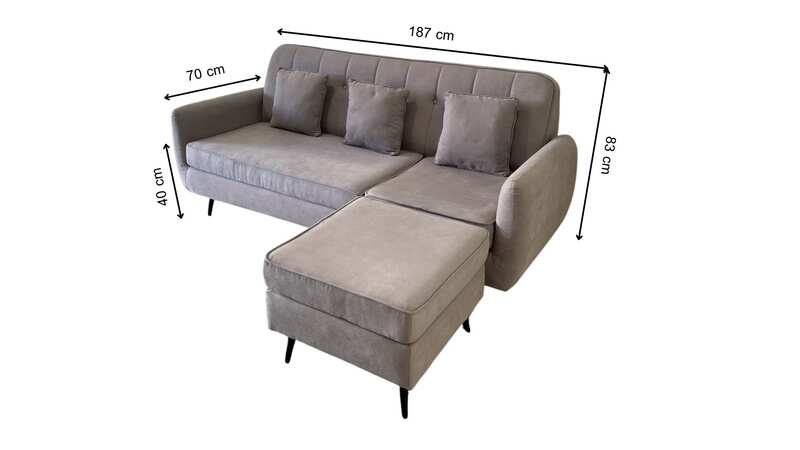 3-seater sofa set with button-tufted backrest + ottoman, fabric upholstery, steel legs, grey color.