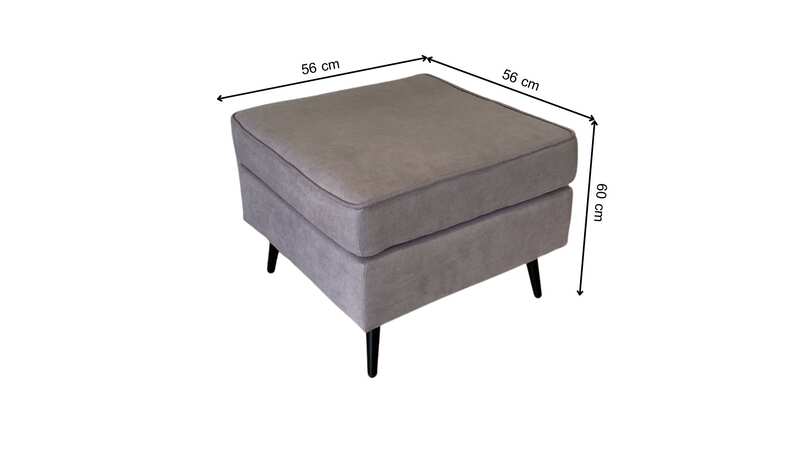 3-seater sofa set with button-tufted backrest + ottoman, fabric upholstery, steel legs, grey color.