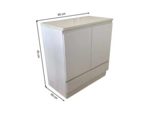 White wooden shoe cabinet with two doors and two drawers.