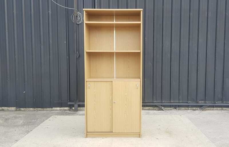 Wooden filing cabinet with 2 sliding doors and 3 shelves