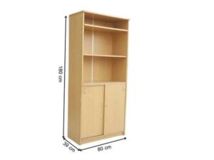 Wooden filing cabinet with 2 sliding doors and 3 shelves