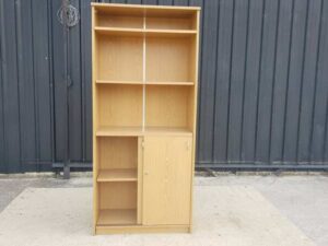 Wooden filing cabinet with 2 sliding doors and 3 shelves