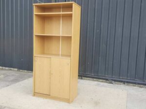 Wooden filing cabinet with 2 sliding doors and 3 shelves