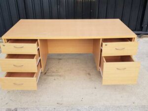 5-drawer desk, brown wooden frame
