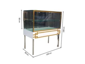 White glass display case with two doors and steel legs.