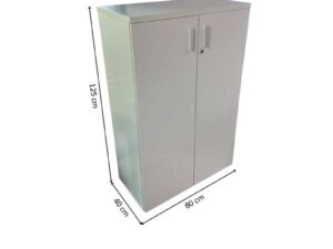 Tall filing cabinet with 2 doors, gray color.