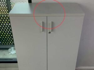 Tall filing cabinet with 2 doors, gray color.