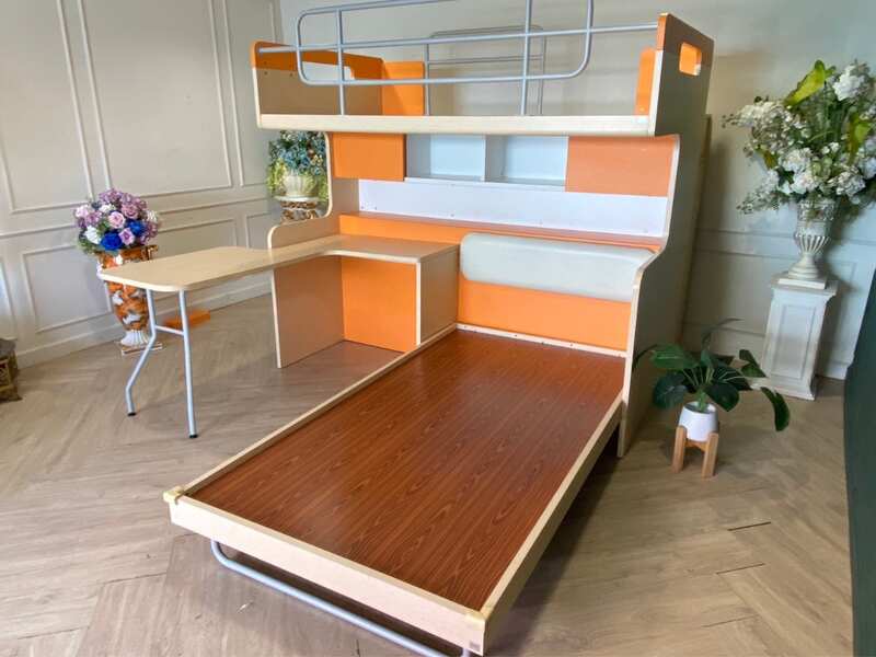 Children's bunk bed, size 3.5 feet, with storage ladder, cream-orange color, SB FURNITURE brand._7VNXU2DST1