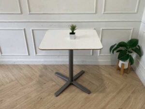 White wooden table, gray steel legs