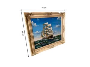 Oil painting of a pirate ship sailing in the ocean.