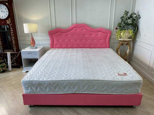 6-foot bed, leather cushion, button-pull, pink, with 6-foot mattress, 9.5 inches thick