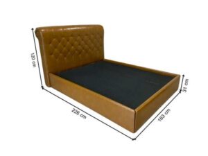 5-foot bed with leather cushions and brown button-tufted bolsters
