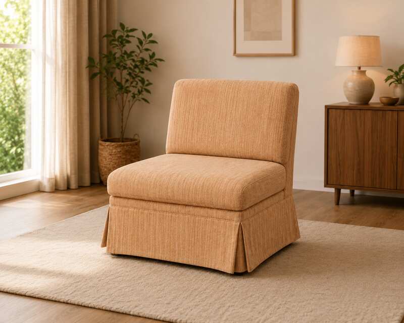 Fabric upholstered chair, rolled curved back, hotel grade work. (dark brown/light brown)_8B5LPU87N0