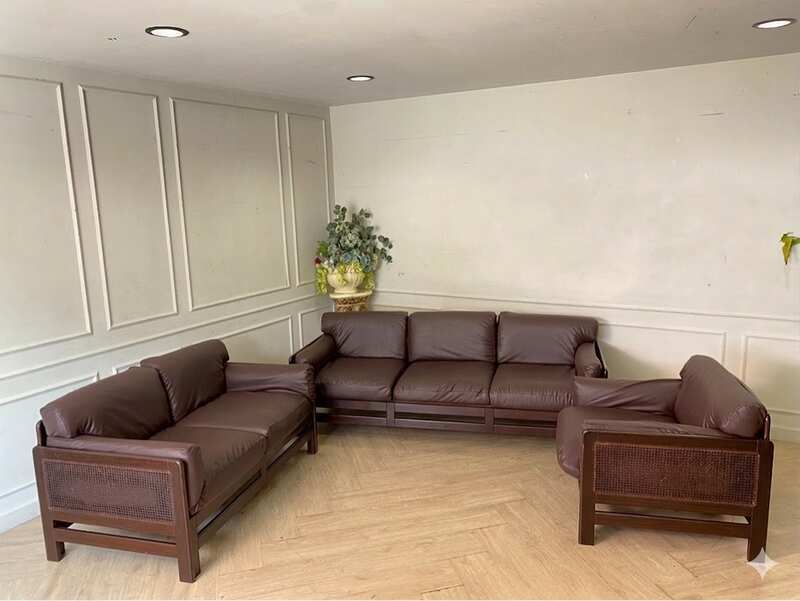 3+2+1 Seater Sofa Set with Rattan Frame and Dark Brown Leather Upholstery
