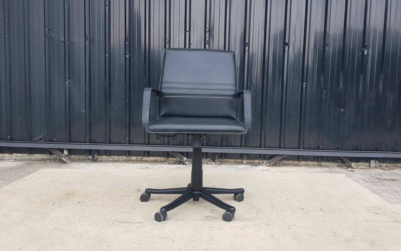 Modernform brand office chair, black leather seat and steel legs, 102 cm high.