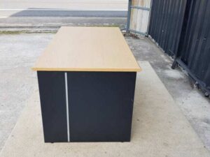 2-drawer desk, black legs, brown wooden top