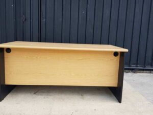 2-drawer desk, black legs, brown wooden top