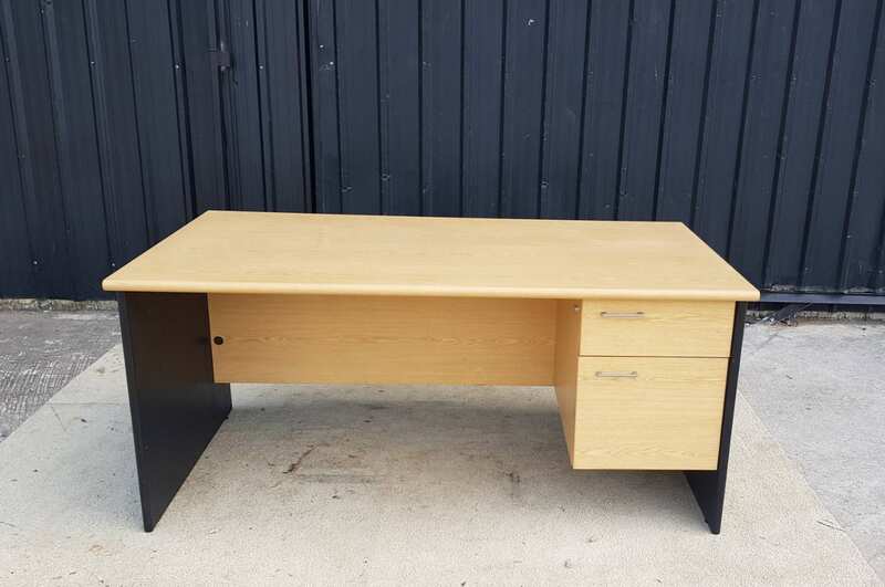 2-drawer desk, black legs, brown wooden top