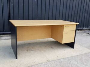 2-drawer desk, black legs, brown wooden top