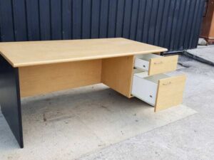 2-drawer desk, black legs, brown wooden top